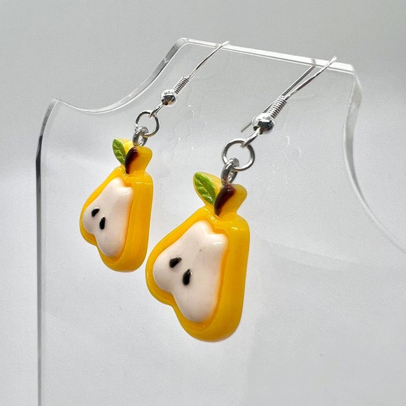Chunky Pear Slice Fruit Earrings - Yellow and White - Picture 5 of 10